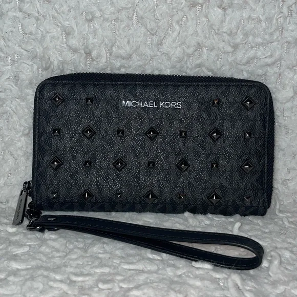 Michael Kors Jet Set Large Monogram Shoulder Bag Tote & Studded Wallet Set Black - Picture 14 of 17